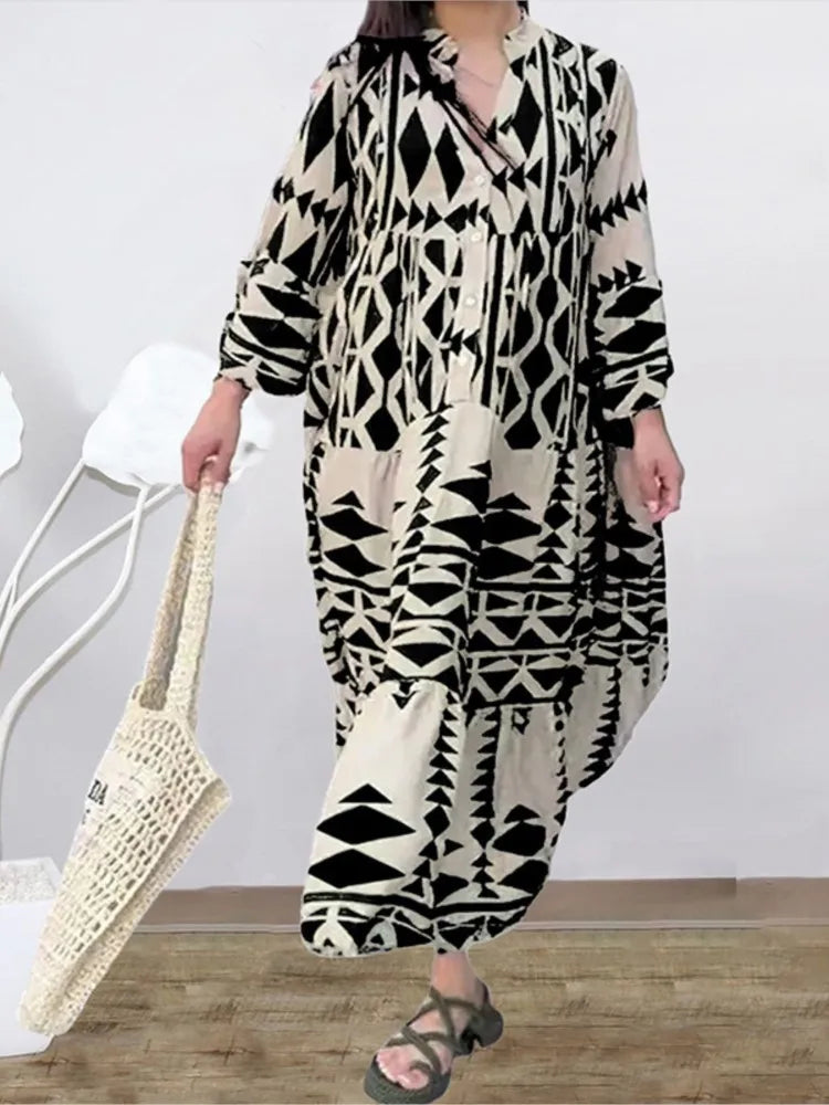 Women Print Long Sleeve Dress V-neck Long Sleeve High Waist Single