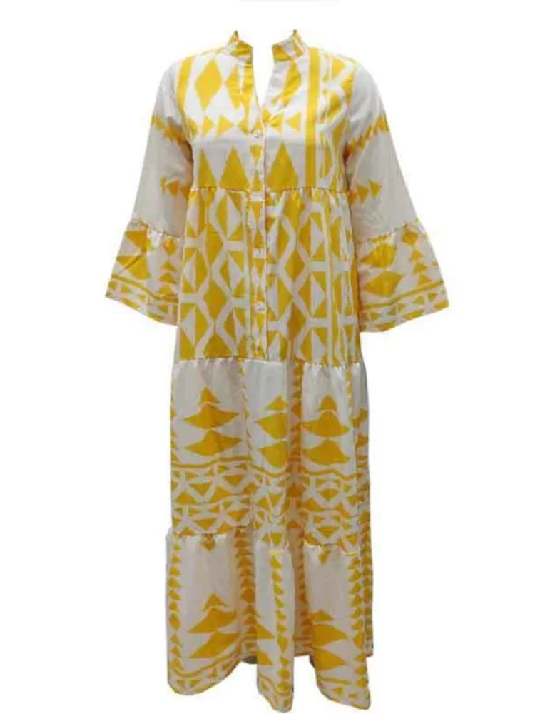 Women Print Long Sleeve Dress V-neck Long Sleeve High Waist Single