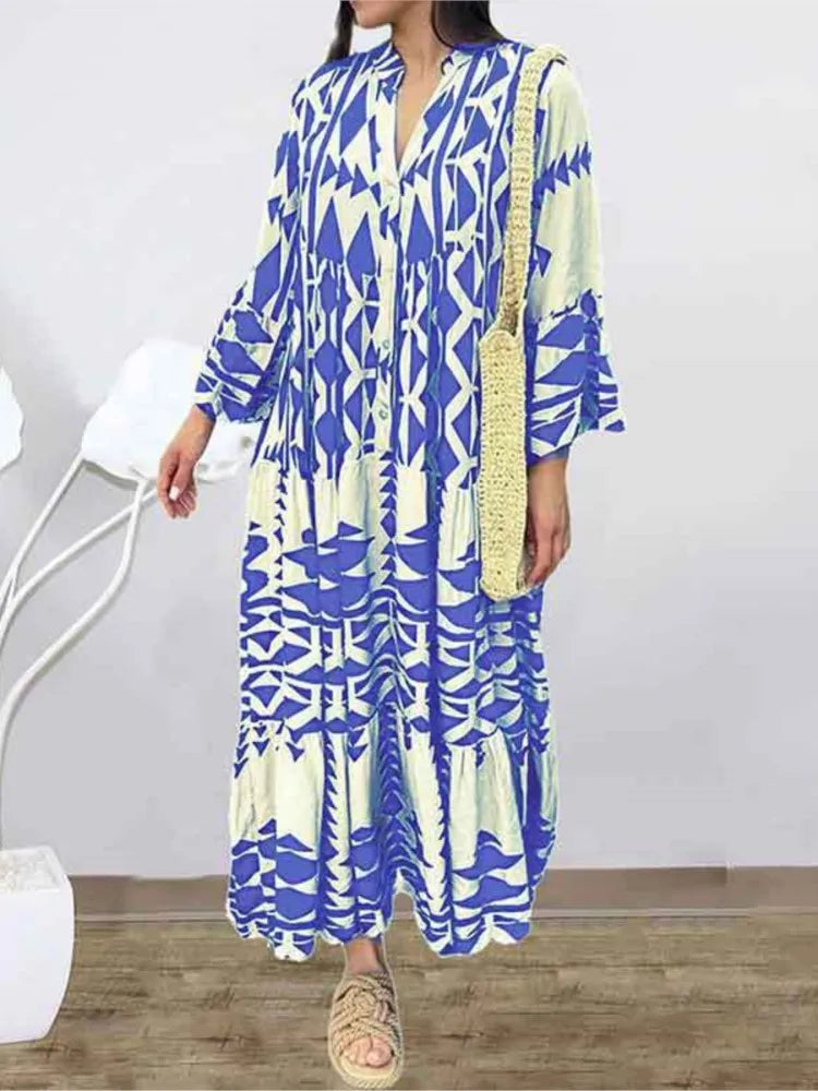 Women Print Long Sleeve Dress V-neck Long Sleeve High Waist Single