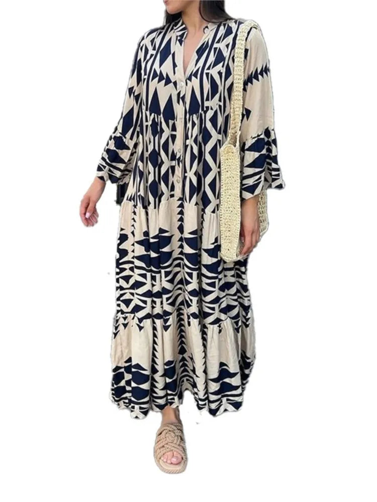 Women Print Long Sleeve Dress V-neck Long Sleeve High Waist Single
