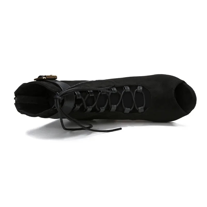 Black Hollow Latin Dance Shoes High Heels Soft Sole Lace Up Indoor Dancing