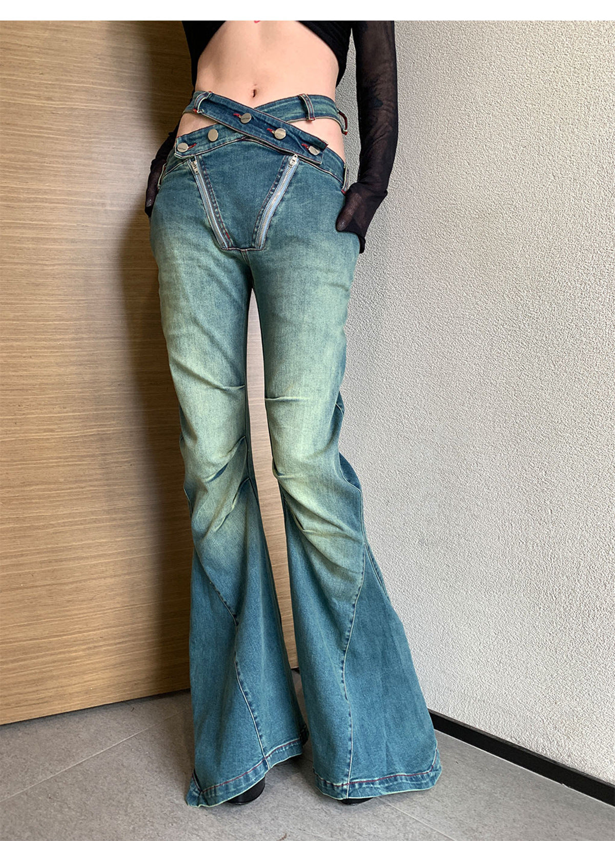 Slim Fit Hollow High Waist Pleated Placket Hot Girl Denim Bell-bottom Pants