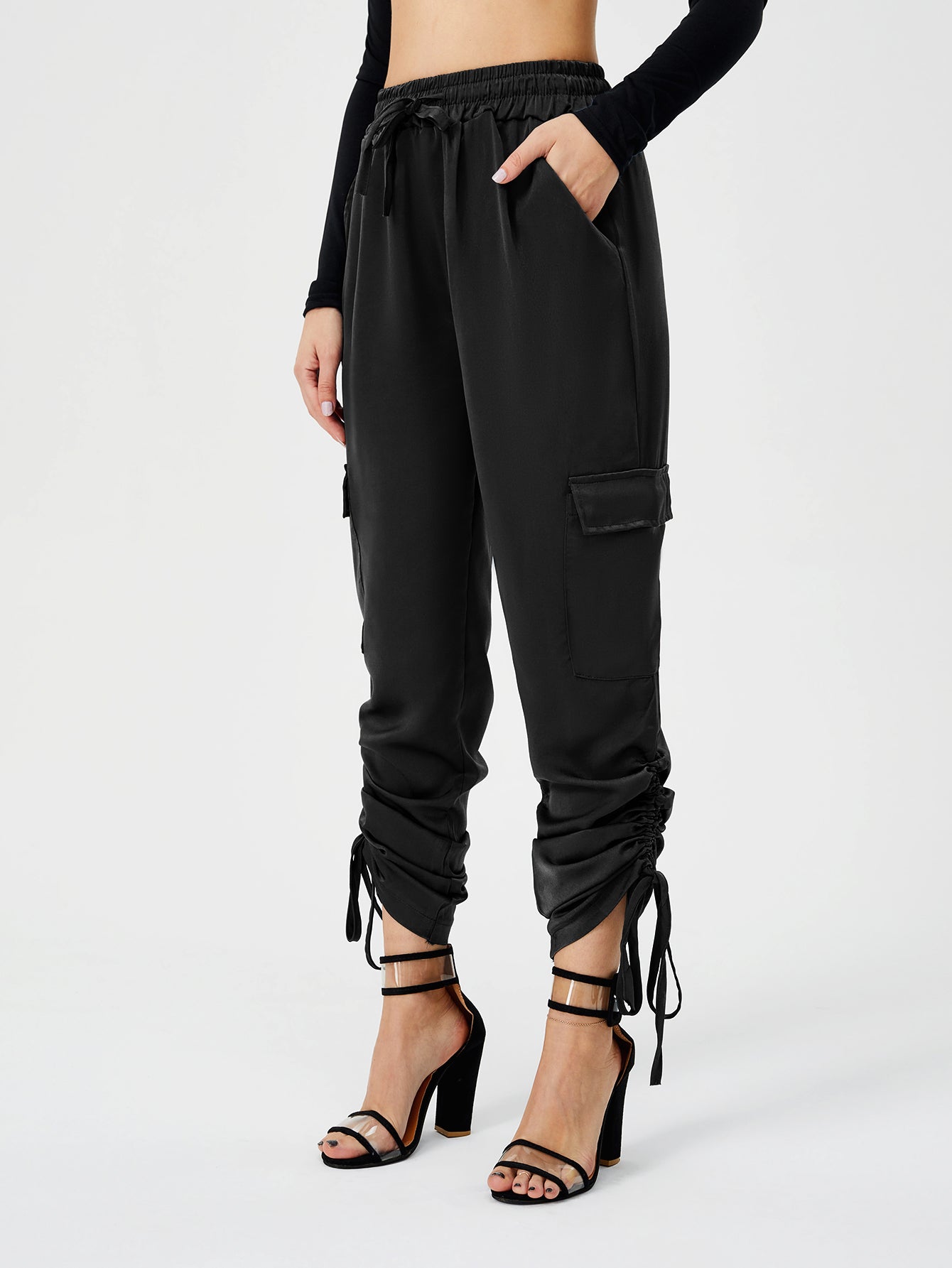 Women's Satin Jogger Pants Casual High Waist Long Lounge Pant Trousers With Pockets