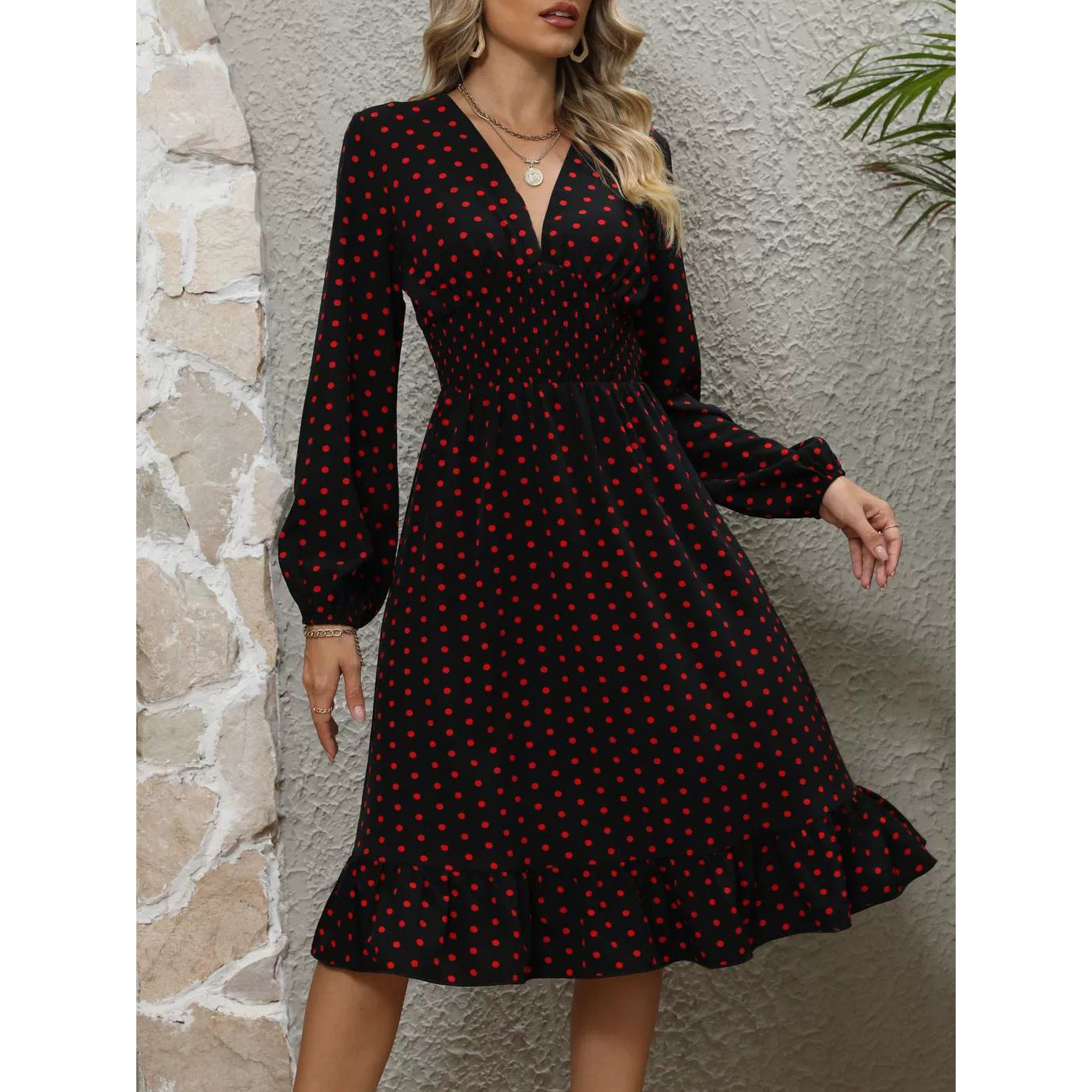 European And American Waist Slimming Polka Dot Long Sleeve Dress