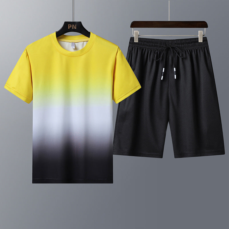 Sports Suit Men'S Round Neck Gradient Short-Sleeved Shorts Quick-Drying Running Casual Two-Piece Suit