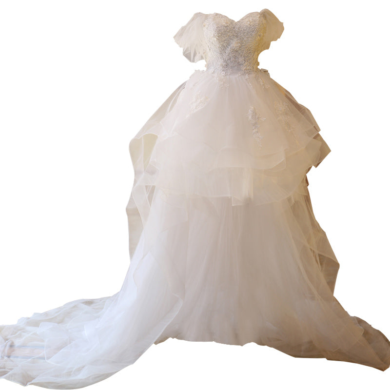 The Bride'S Wedding Dress With Long Tail In Front Of The Studio