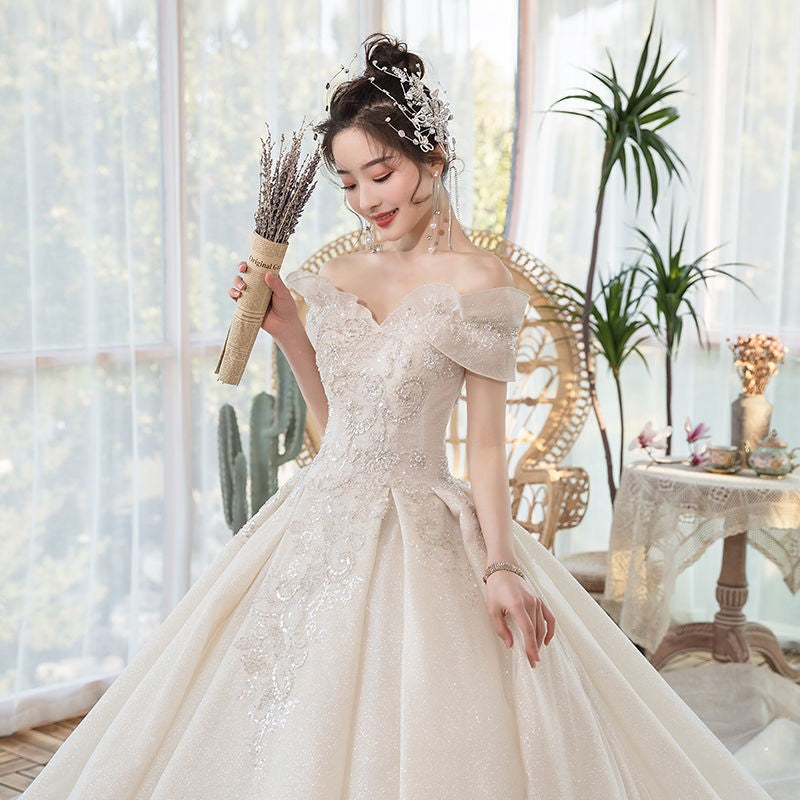 One-Shoulder Main Wedding Dress New Temperament Forest Super Fairy Dream Little Bride Han Trailing Starry Sky