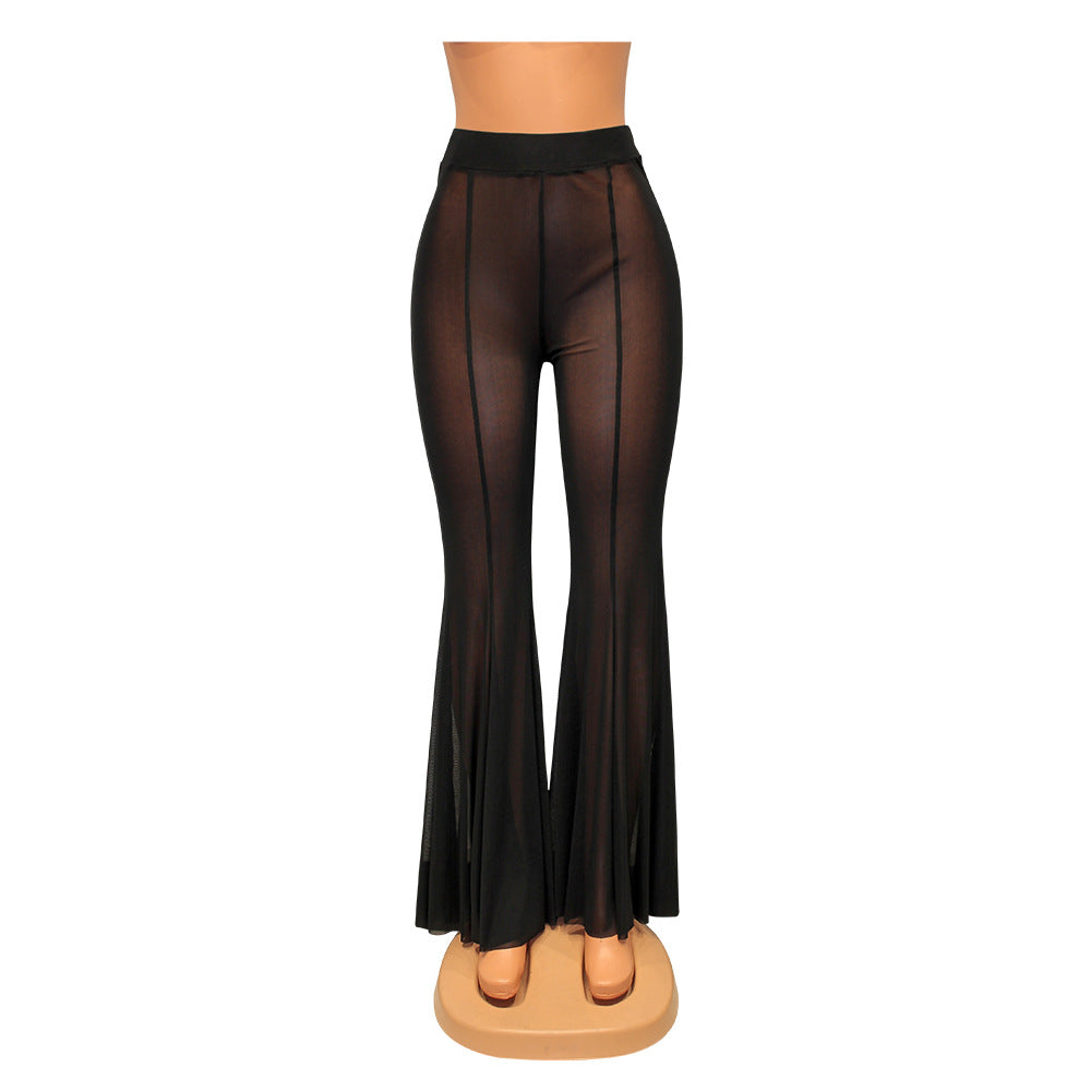 Women's Fashion Mesh See-through Stitching Flared Pants