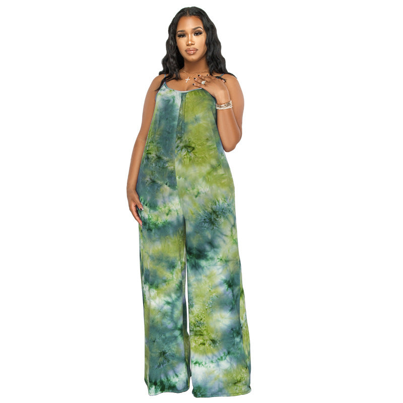 Tie-dyed Printed Sling Casual Plus Size Jumpsuit