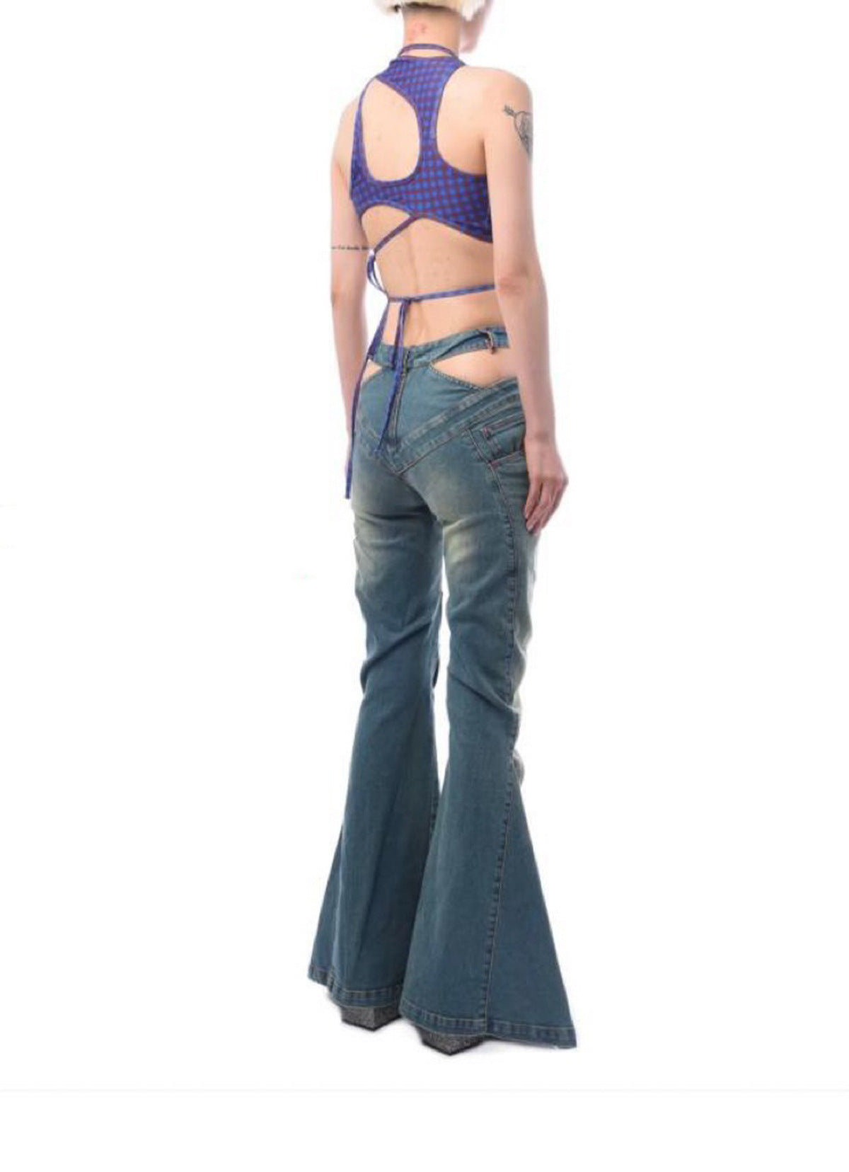 Slim Fit Hollow High Waist Pleated Placket Hot Girl Denim Bell-bottom Pants