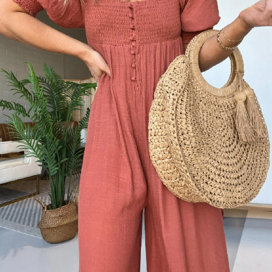 Solid Color Casual Bubble Sleeve Jumpsuit