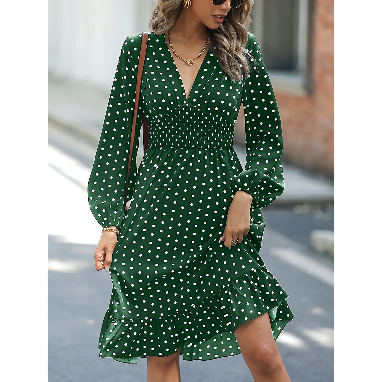 European And American Waist Slimming Polka Dot Long Sleeve Dress