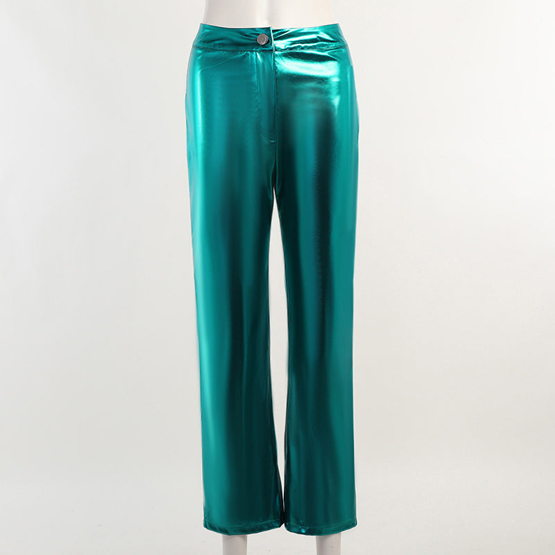 European And American Leisure Silver PU Leather Female Bell-bottom Pants