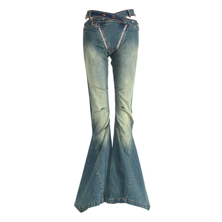 Slim Fit Hollow High Waist Pleated Placket Hot Girl Denim Bell-bottom Pants