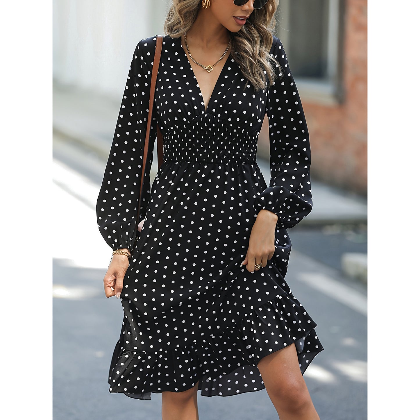 European And American Waist Slimming Polka Dot Long Sleeve Dress