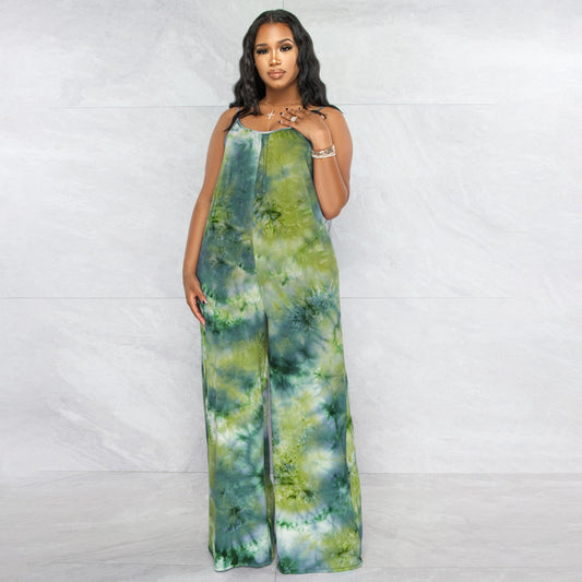 Tie-dyed Printed Sling Casual Plus Size Jumpsuit