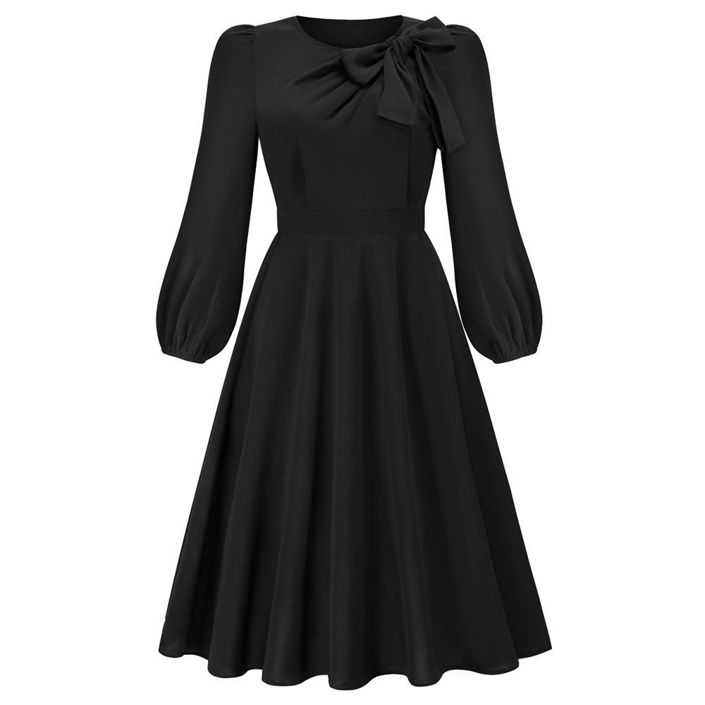 Autumn And Winter Long Sleeve Round Neck Bowknot Dress