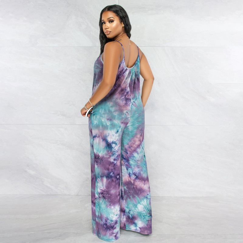 Tie-dyed Printed Sling Casual Plus Size Jumpsuit