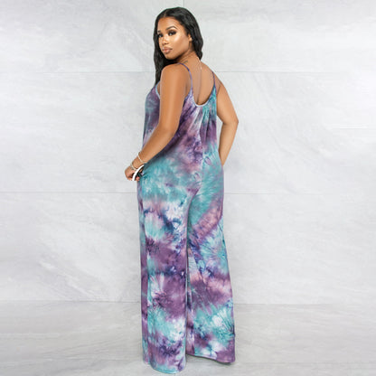 Tie-dyed Printed Sling Casual Plus Size Jumpsuit