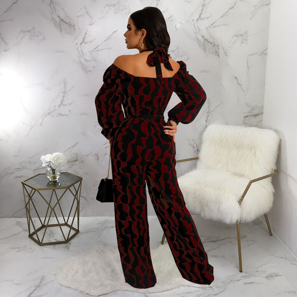 Printed Women's Long-sleeved Halter Jumpsuit