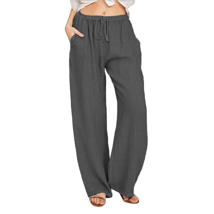 Soft Casual Drawstring Tie Trousers Summer Elastic Waist Loose Jogger Pants With Pockets