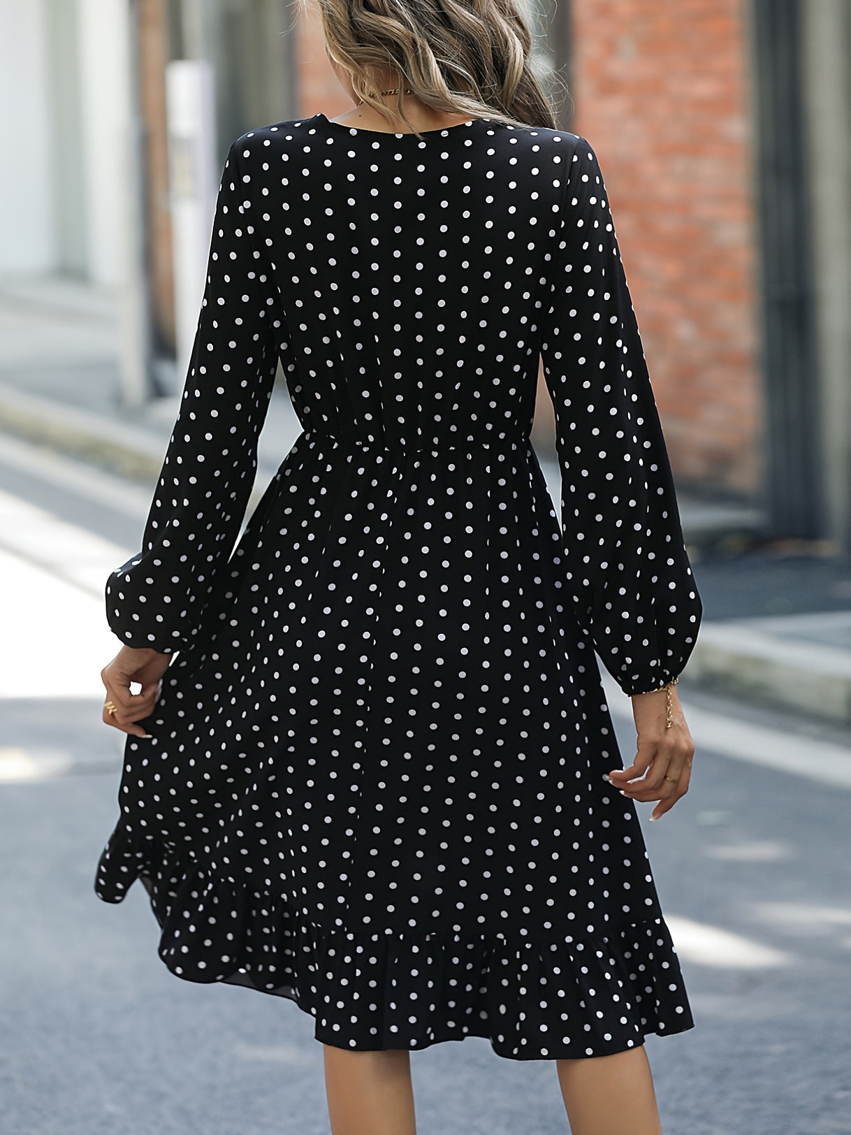 European And American Waist Slimming Polka Dot Long Sleeve Dress