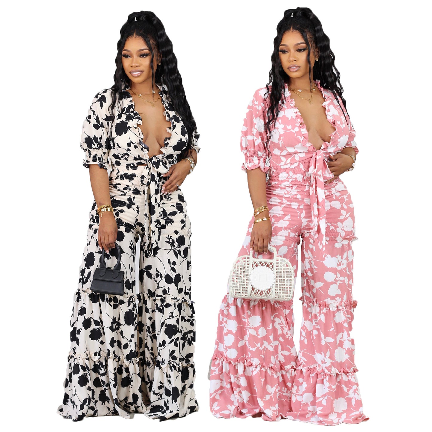 Deep V Printed Jumpsuit For Women