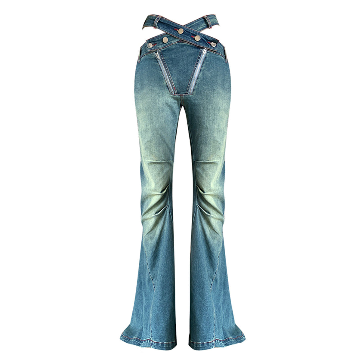 Slim Fit Hollow High Waist Pleated Placket Hot Girl Denim Bell-bottom Pants