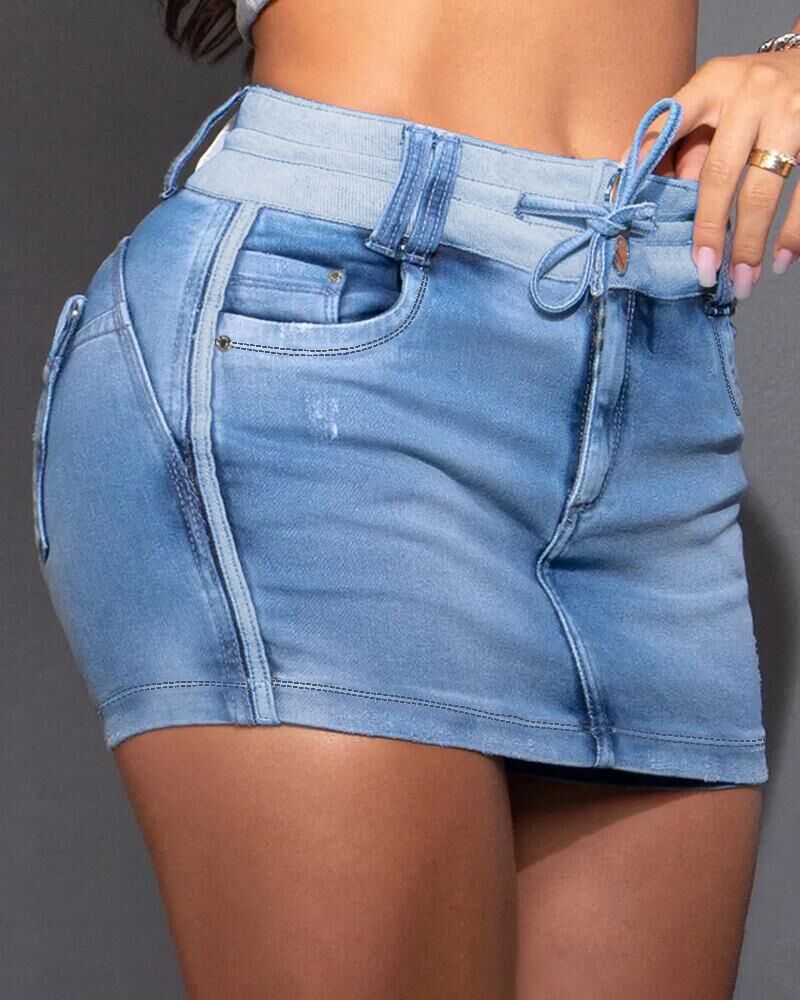 Women's Contrast Panel Drawstring Denim Skirt