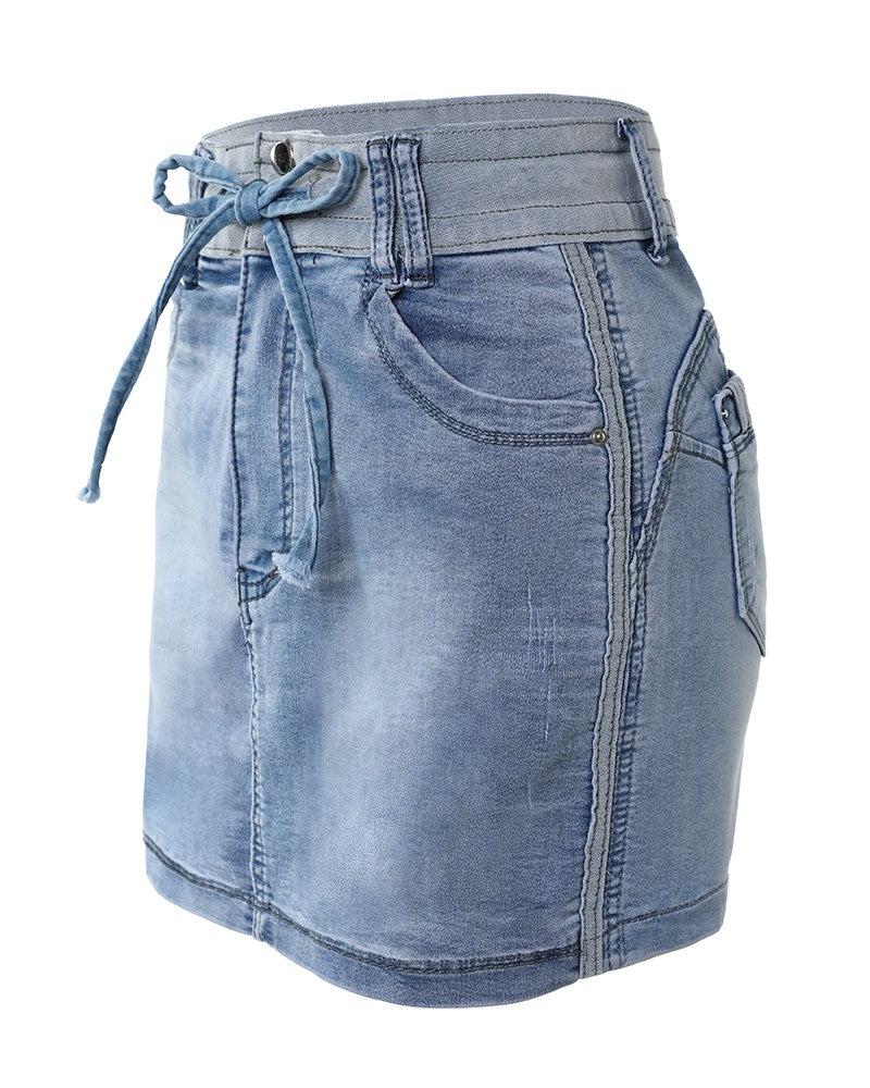 Women's Contrast Panel Drawstring Denim Skirt