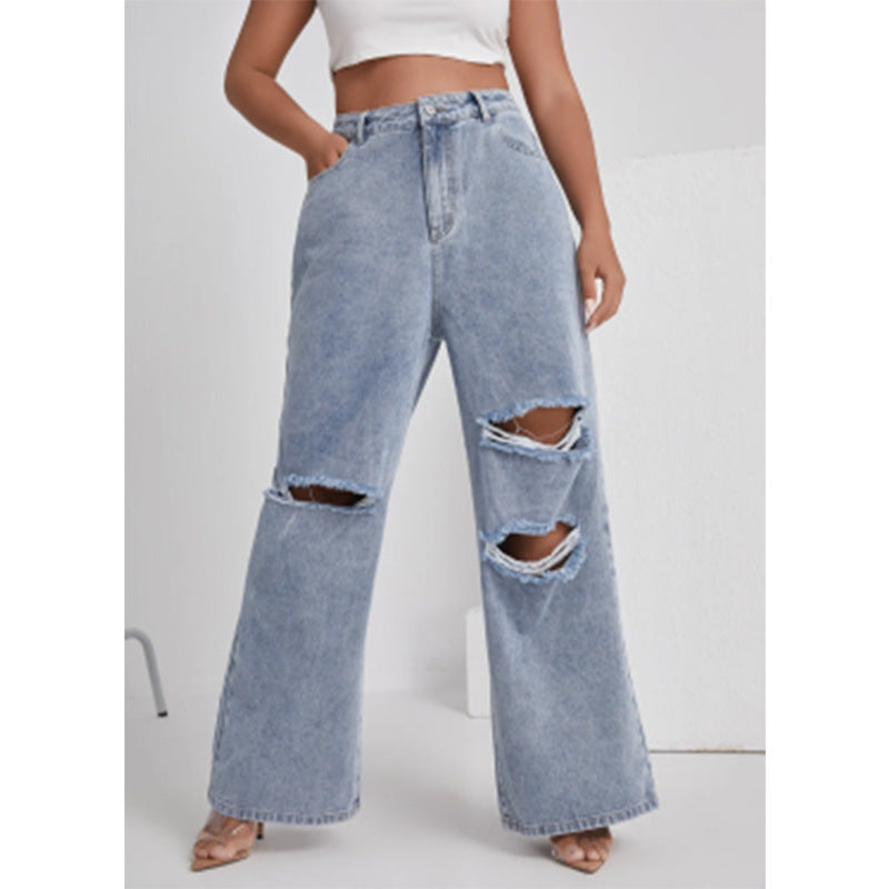 Women's Denim With Hole High Waist Straight-leg Pants