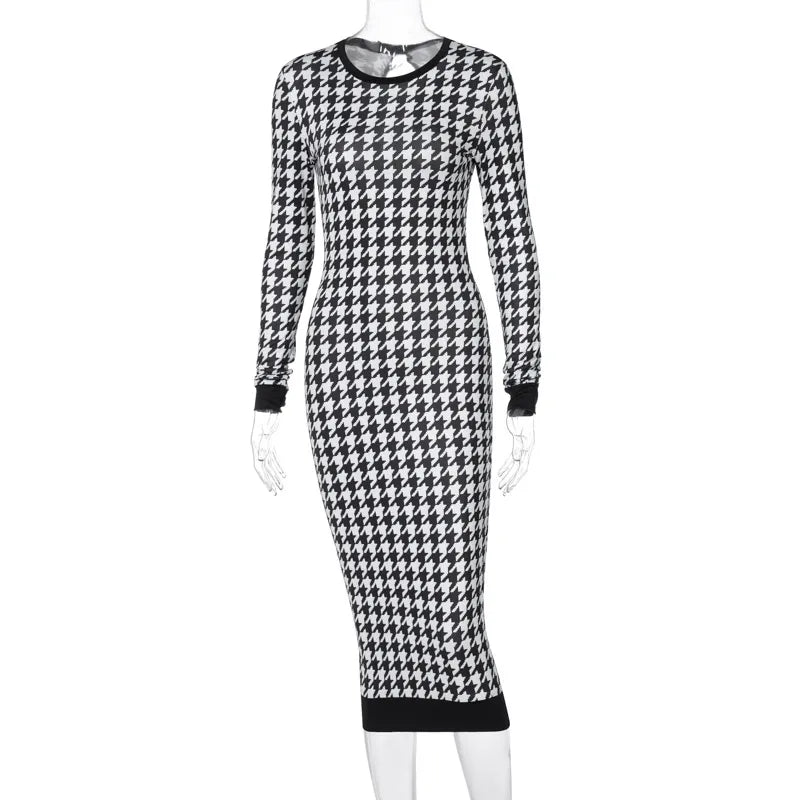 Houndstooth Print Women Long Sleeve Midi Dress Hollow