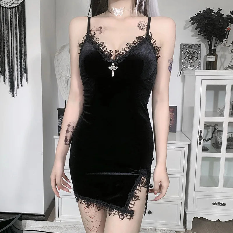 Dark Cross Black Mini Dress Vintage Sexy Spaghetti Strap High Waist Slit