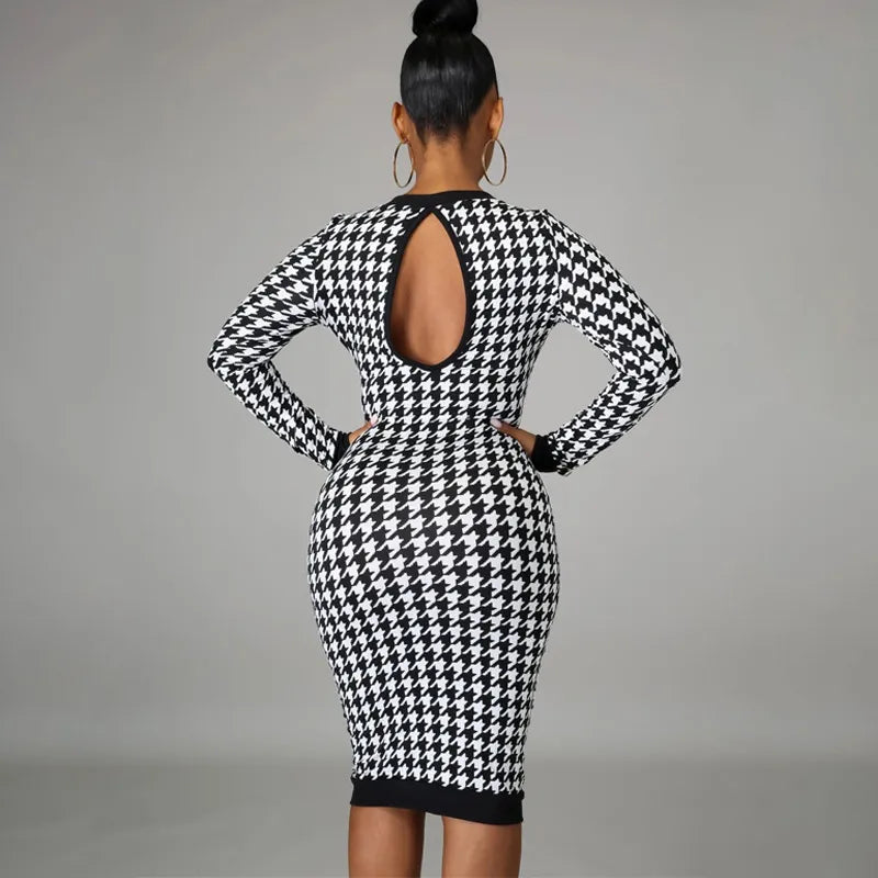 Houndstooth Print Women Long Sleeve Midi Dress Hollow