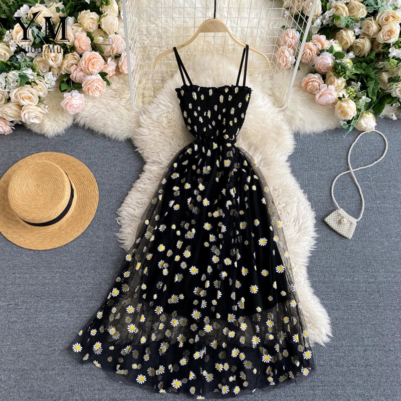 YuooMuoo Korean Fashion Daisy Flower Print Mesh Party Dress Summer