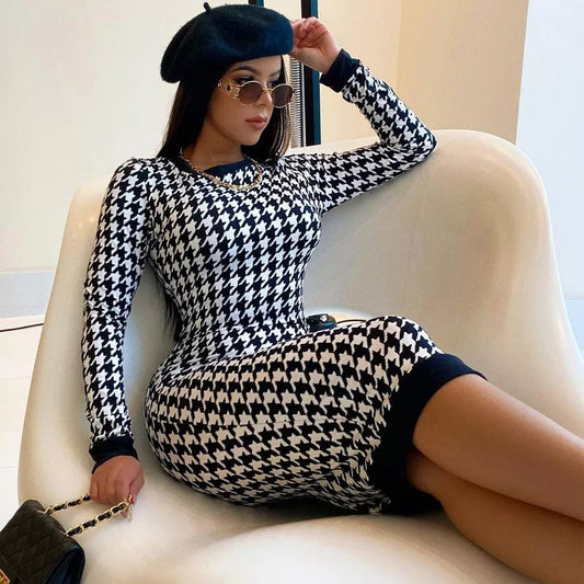 Houndstooth Print Women Long Sleeve Midi Dress Hollow