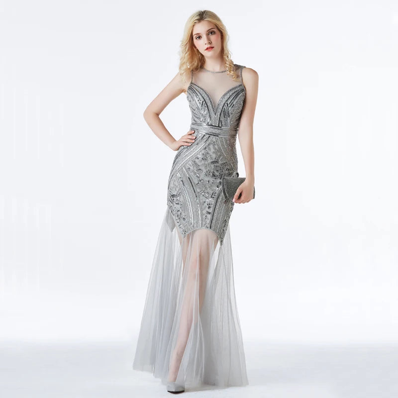 New See Through Tulle Sequin Dress Sexy Evening Dress Women