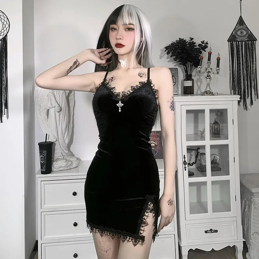 Dark Cross Black Mini Dress Vintage Sexy Spaghetti Strap High Waist Slit