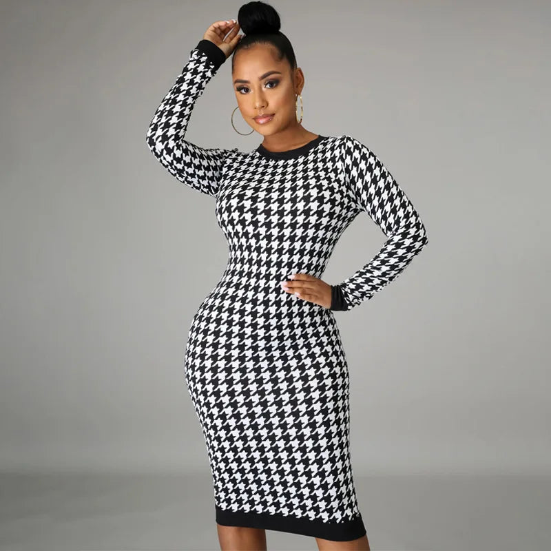 Houndstooth Print Women Long Sleeve Midi Dress Hollow