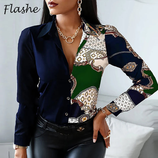 New Long Sleeve Blouse Women Tops Office Lady Blouse Print Button Shirts For Women