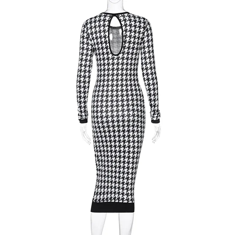 Houndstooth Print Women Long Sleeve Midi Dress Hollow