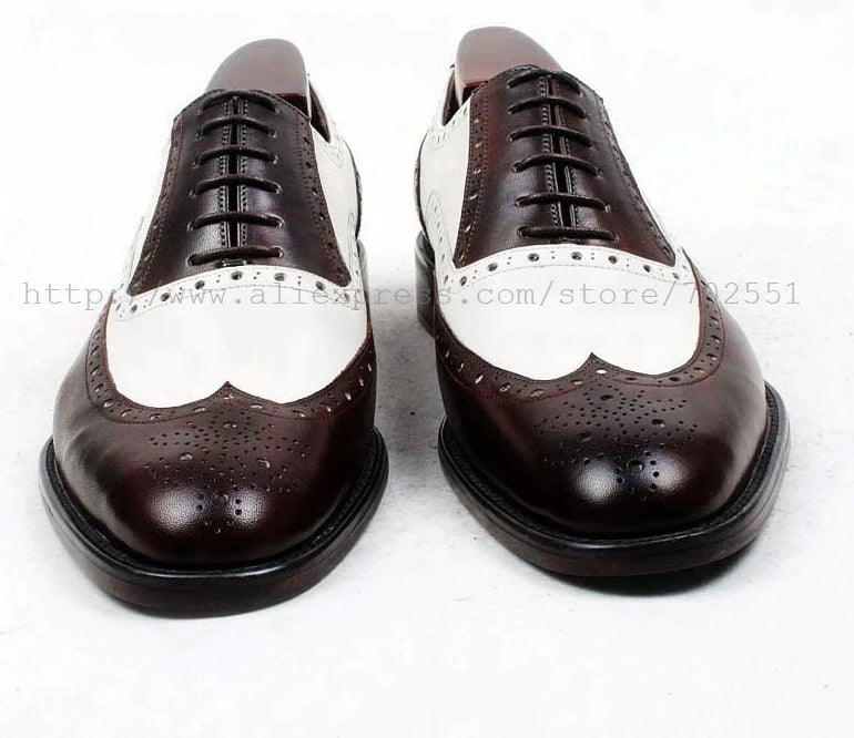 round toe brown white bespoke men shoe custom handmade 100%genuine calf