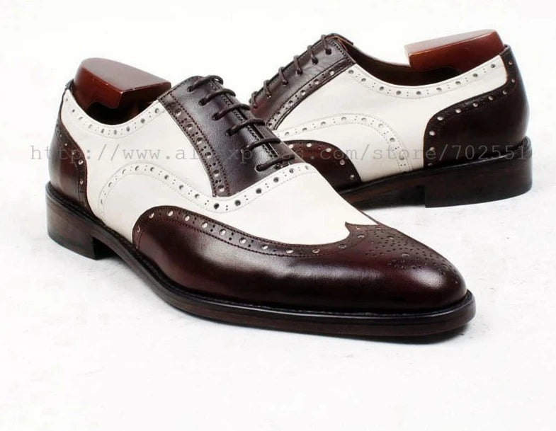 round toe brown white bespoke men shoe custom handmade 100%genuine calf