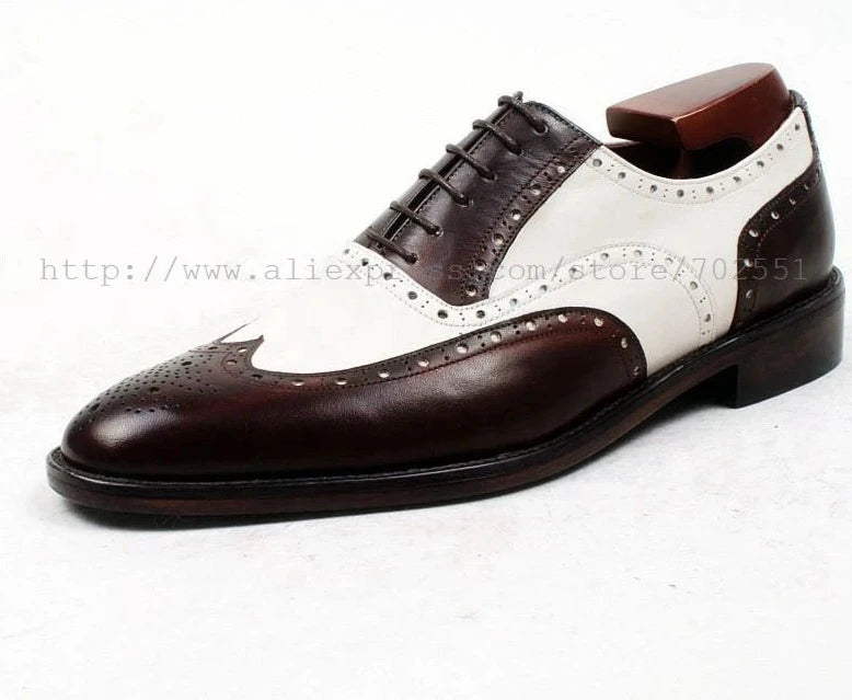 round toe brown white bespoke men shoe custom handmade 100%genuine calf