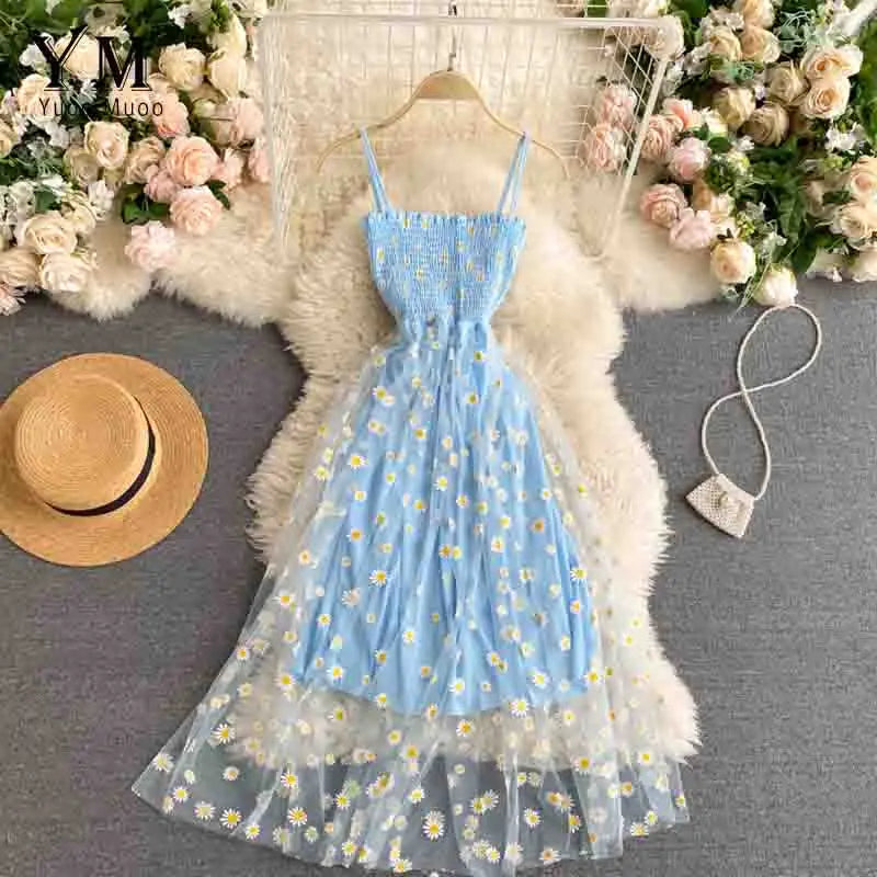 YuooMuoo Korean Fashion Daisy Flower Print Mesh Party Dress Summer