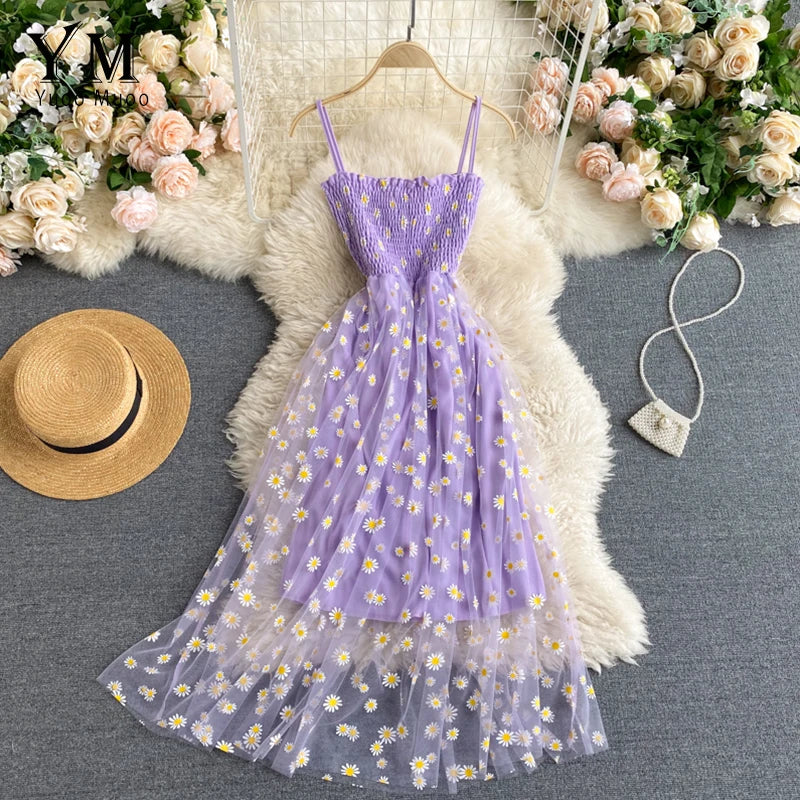 YuooMuoo Korean Fashion Daisy Flower Print Mesh Party Dress Summer