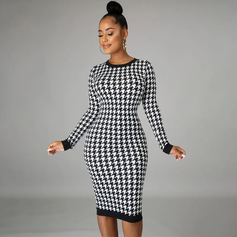 Houndstooth Print Women Long Sleeve Midi Dress Hollow