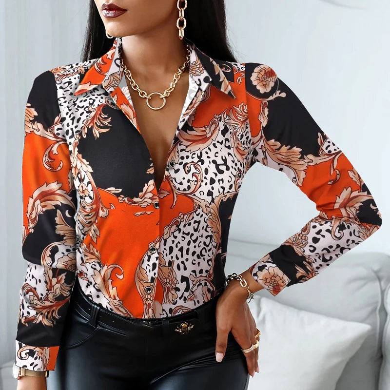 New Long Sleeve Blouse Women Tops Office Lady Blouse Print Button Shirts For Women