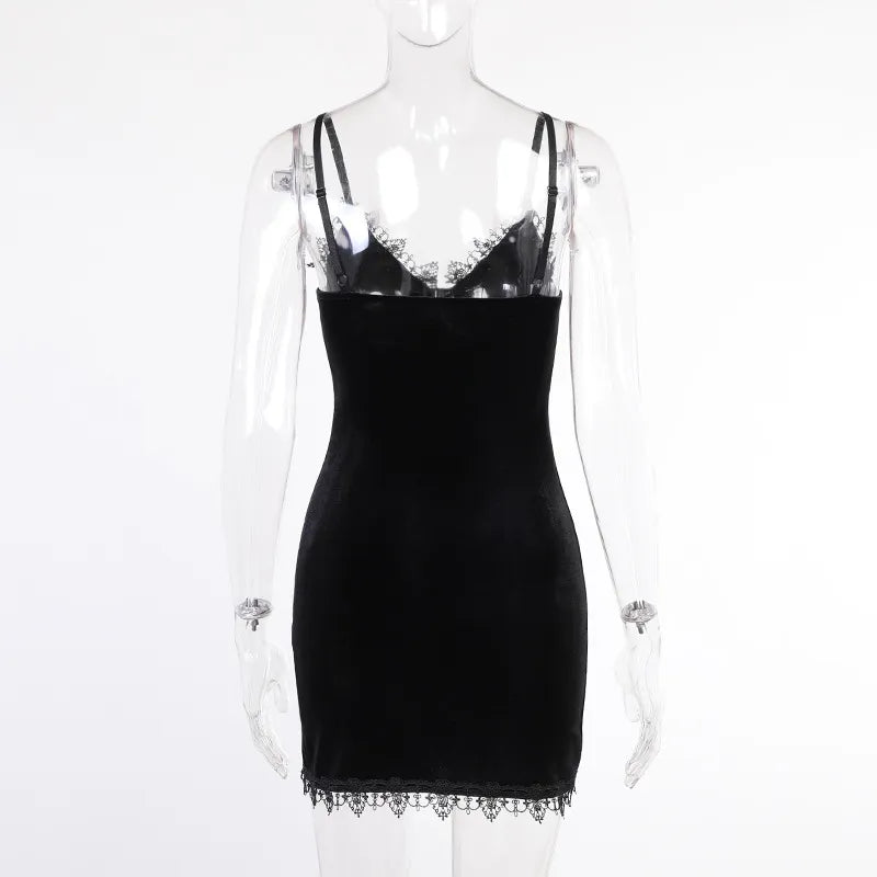 Dark Cross Black Mini Dress Vintage Sexy Spaghetti Strap High Waist Slit