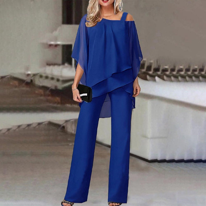 Solid Color Loose Batwing Sleeve Trousers Irregular Suit